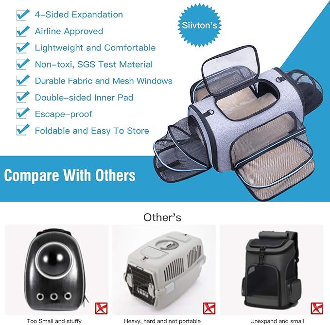 Siivton Airline Approved Pet Carrier, 4-Way Expandable Cat Dog Carrier for Under-Seat Travel, Soft-Sided Portable Pet Bag with Removable Fleece Pad, Fits Small Pets Up to 15 lbs (18"x 11"x 11")