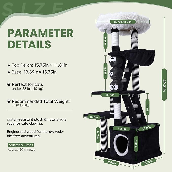 Cat Tree, 50.7in Multi-Level Cat Tower with Scratching Posts, Perch, Hammock and Hideaway condo, Indoor Cat Activity Center with Fun Cartoon Design, Black