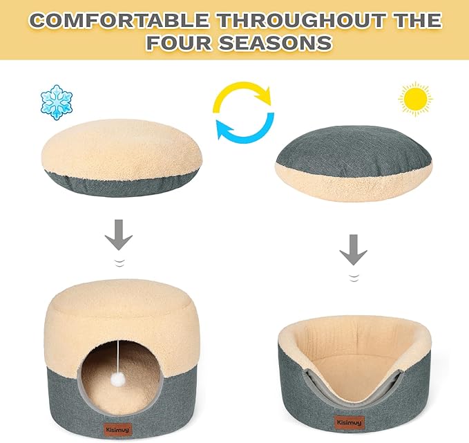 Cat Cave Bed for Indoor Cats & Kittens, 2-in-1 Foldable Cat Couch & Lounger for Small & Medium Cats with Reversible Cushion - Calming Anti-Anxiety Pet House, Soft Plush & Anti-Slip Bottom, 15.7 Inch