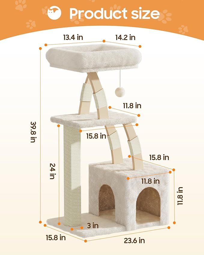 Cat Tree for Indoor Cats,40 Inches Cat Tower with Cozy Condo, Scratching Posts, Multi-Level Activity Center for Large Cats and Kittens, Beige
