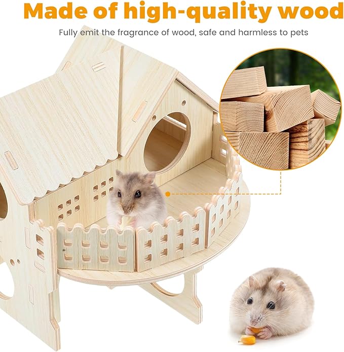 Wooden Dwarf Hamster House, Hamster Tiny House Hideout, Hamster Maze House, Large Balcony Lookout Holes, Easy to Assemble, Detachable Parts, Secure Hideaway, B