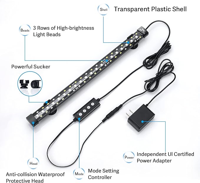 hygger 24/7 Mode Submersible Aquarium LED Light, Full Spectrum Hidden Fish Tank Light with 3 Rows Beads 7 Colors Auto On Off Sunrise-Daylight-Moonlight, Adjustable Timer Brightness (27.6in 16W)