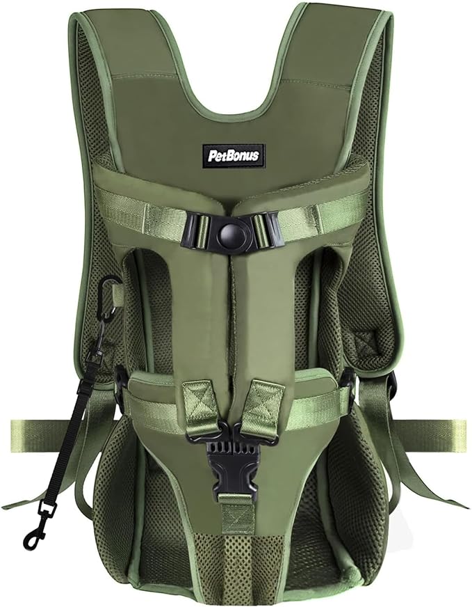 PetBonus Pet Front Dog Carrier Backpacks, Adjustable Pet Backpack, Legs Out Easy-fit Puppy Chest Carrier for Medium Small Dogs, Hands Free for Hiking, Cycling (Army Green, S)