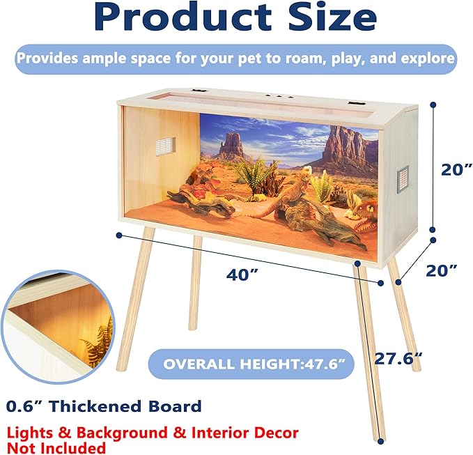 Prolee 63 Gallon Reptile Tank, Tempered Glass Bearded Dragon Tank with Wooden Roof and Lockable Doors, Large Lizard Habitat for Snakes, Iguanas, Chameleons (Oak) (Oak, 63 gallons,40x20x20 inch)