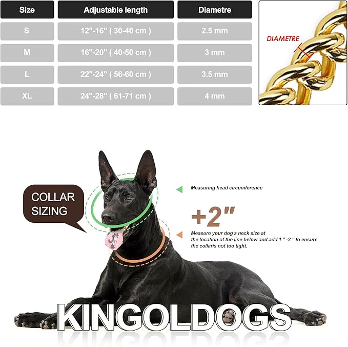 Stainless Steel 18K Gold Dog Chain Collar - Adjustable, Chew Proof, Double Row Cuban Link Collar for Large, Small, Medium Dogs (22"-24")