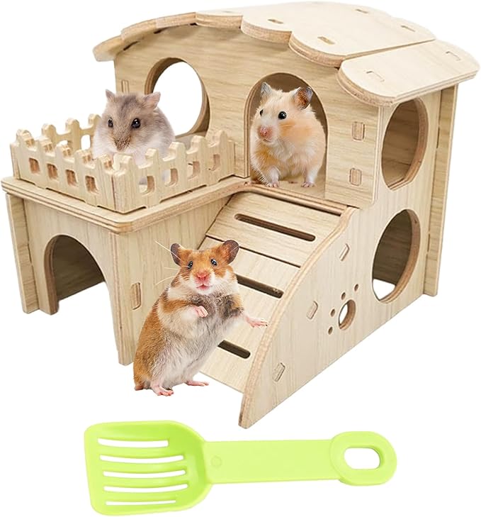 Wooden Dwarf Hamster House, Hamster Tiny House Hideout, Hamster Maze House, Large Balcony Lookout Holes, Easy to Assemble, Detachable Parts, Secure Hideaway, D