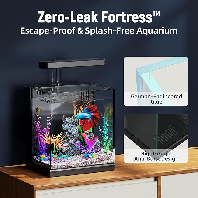 Betta Fish Tank, 2 Gallon All-in-One Aquarium Kit with Filtration & LED Light, Self-Cleaning Aquarium for Beginners, Kids, Desktop Bowl for Home, Office, or Kids Room