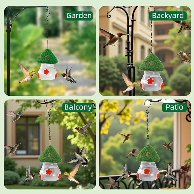Hummingbird Feeders for Outdoors Hanging - Mushroom House Shape Bird Drinker, Water Resistant Leak Proof,Garden Birds Watching Patio Decoration with 3 Silicone Flower Feeding Ports (Tie dye Flower)