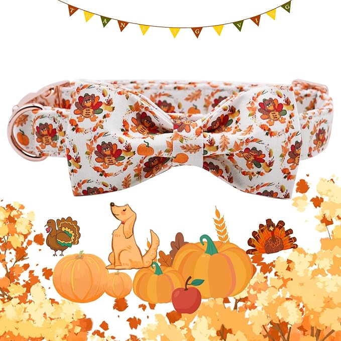 Dog Collar - Thanksgiving Turkey Bowtie Gift, Soft Bow Adjustable Metal Buckle for Small Dogs