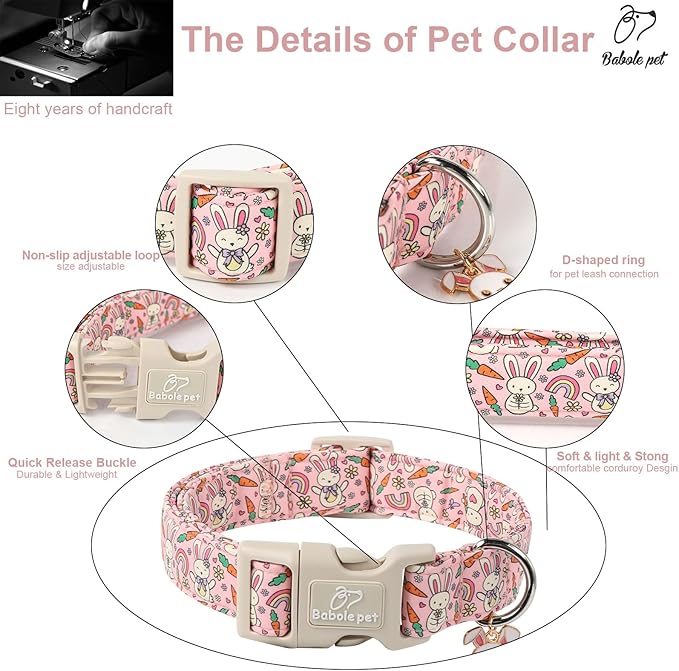 Easter Dog Collar for Medium Dogs - Pink Girly Bunny Dog Collars, Cute Girl Dogs Easter Collar, Adjustable Female Spring Holiday Pet Collars with Quick Release Buckle M