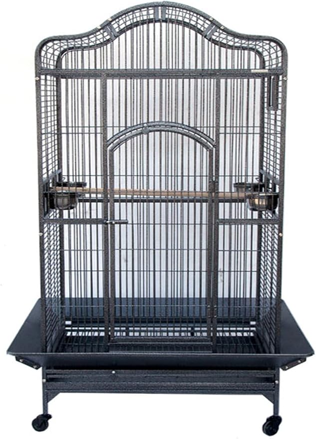 Extra Large Wrought Iron Open/Close Dome Perch Stand Play Top Bird Parrot Rolling Cage Solid Metal Plated Feeder Door Prevent Food Spillage Side Breeding Doors Around Metal Seed Guard