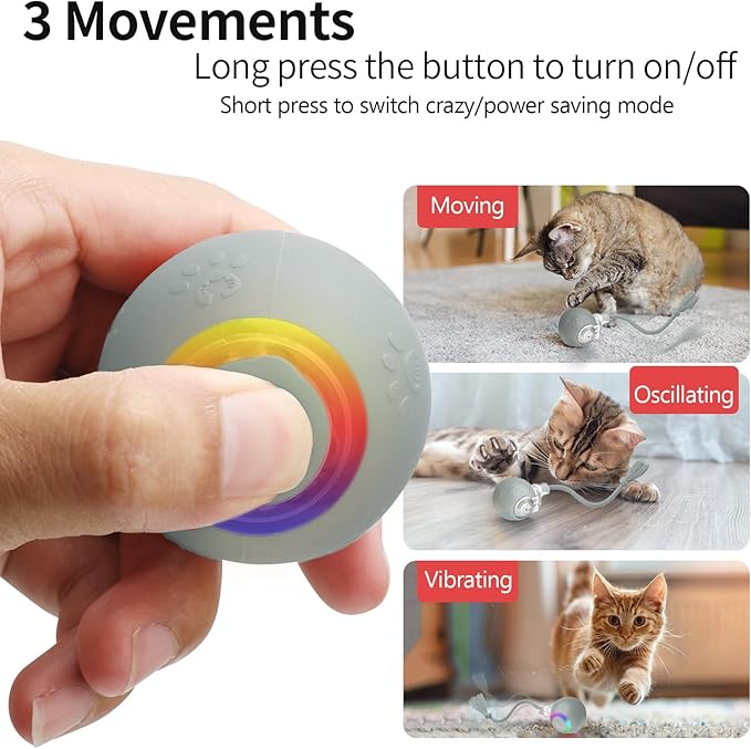 Interactive Cat Toys, Automatic Moving Cat Toys for Bored Indoor Adult Cats, Fast Rolling, Chirping & Motion-Activated Kitty Toys, Fun Gift for Cats with Speedy Tail 2.0, USB Rechargeable (Gray)