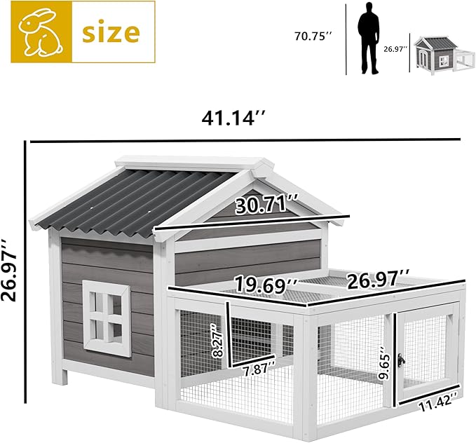 Wooden Rabbit Hutch Indoor and Outdoor,Chicken Coop,Bunny Cage Rabbit House with Waterproof Roof,Windows and Ventilation Door for Quails Ducks Guinea Pigs (White+Black)