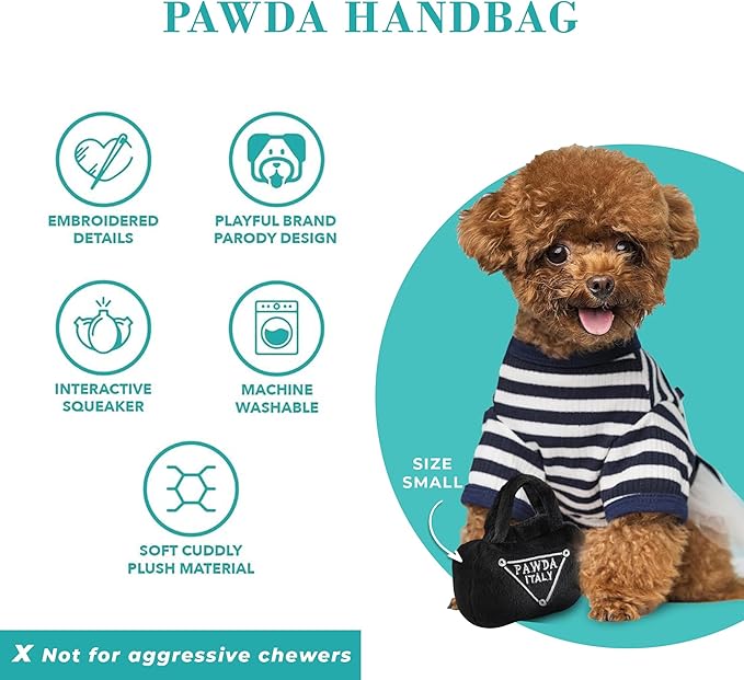 Haute Diggity Dog Pawda Handbag, Plush Designer Dog Toys with Interactive Squeaker, Stimulating Pet Enrichment, Machine-Washable & Safe Materials for All Breeds, Size Medium