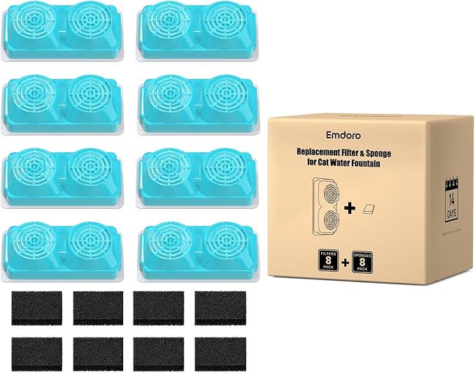 Official 8-Pack Replacement Filters and Sponges for 3.2L/108oz Stainless Steel Cat Water Fountain Cordless (4 Months Set)
