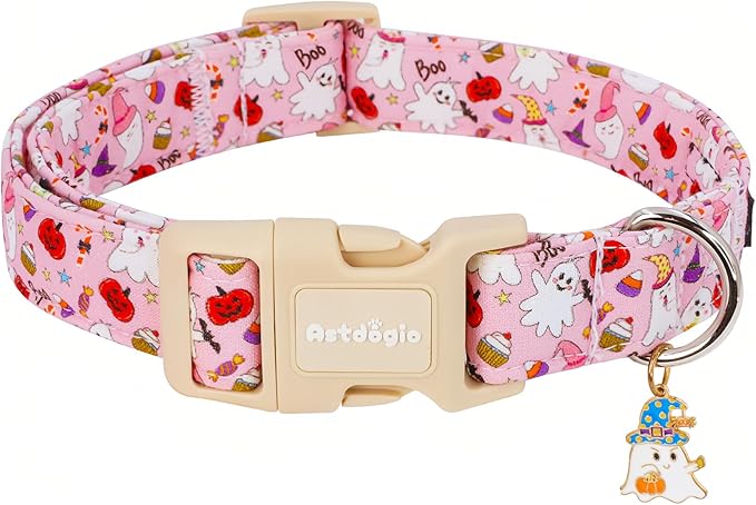 Halloween Dog Collar, Fall Dog Collars for Large Dogs, Cute Pink Puppy Collar with Adorable Ghost & Pumpkin Design, Soft Cotton Large Dog Collars Girl Boy Dog Collar-L