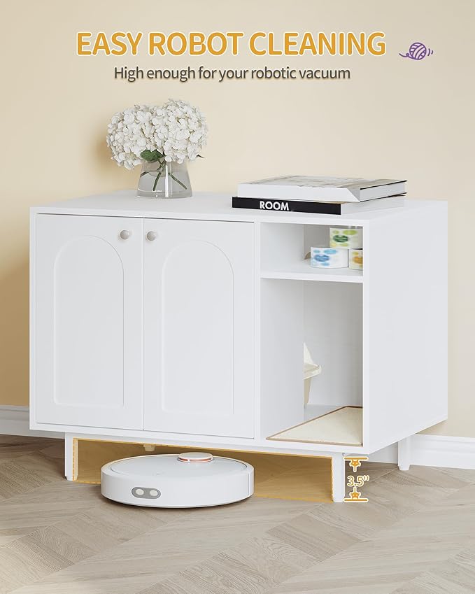 Cat Litter Box Enclosure Enclosed, Hidden Litter Box Cabinet Furniture with Storage, Wooden Indoor Cat House Large, Modern End Table for Living Room Entryway, White CB01513W