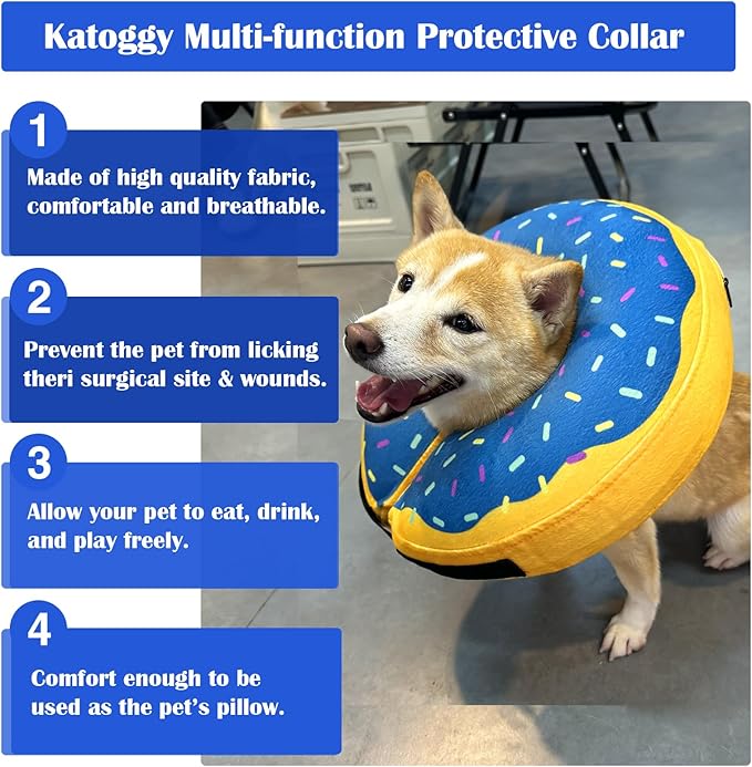 Katoggy Inflatable Dog Cone Collar for Dogs After Surgery, Soft Adjustable Blow up Donut E-Collar for Small Medium Large Dogs and Cats