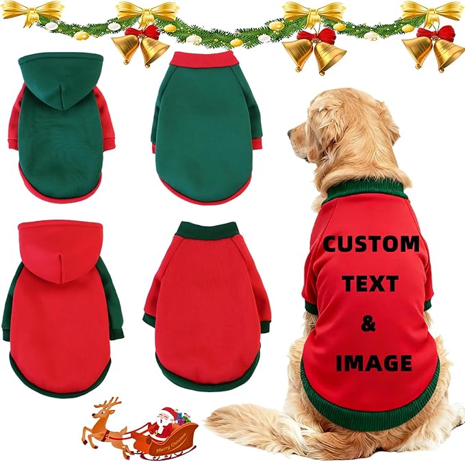 Custom Dog Hoodie, Personalized Sweatshirt with Photo Text Name Logo, Customized Hooded Sweater for Small Medium Large Dogs & Cats (Red + Green Sleeves, Large)