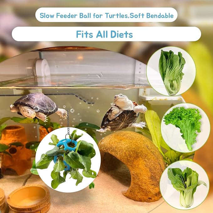2 Pcs Tortoise Treat Ball, Hanging Hay Feeder for Small Animals, Turtle Foraging Toy with Fruit with Chain, Enrichment Feeding Ball for Pet Tortoise