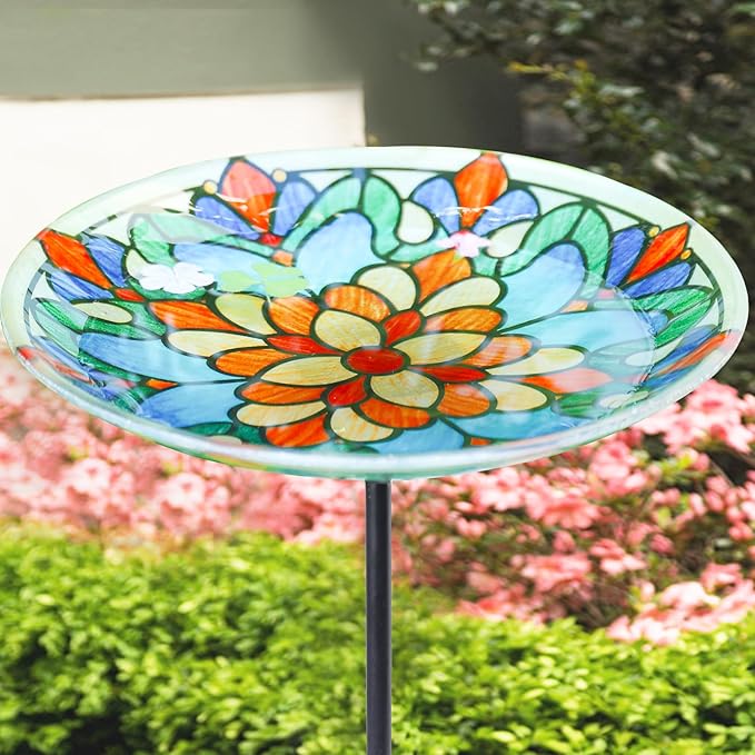 MUMTOP Bird Baths for Outdoors, Glass Birdbath Birdfeeder Bowl with Metal Stake for Outside Garden Yard Lawn Tiffany Style Decor