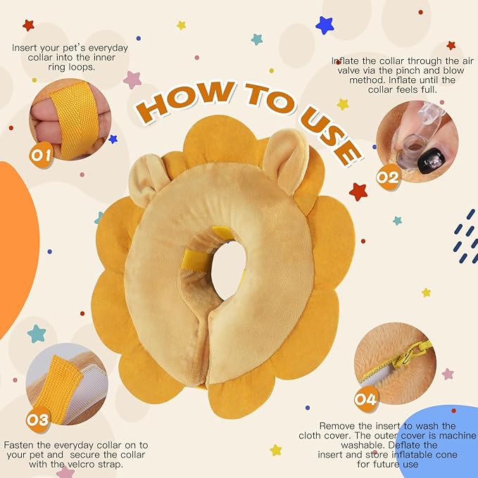 IEUUMLER Inflatable Recovery Dog Collar, Protective Donut Cone, Adjustable Soft Collar for Dog and Cat After Surgery Prevent from Biting & Scratching EU002 - Brown Lion L
