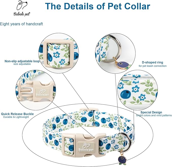 Spring/Summer Dog Collar for Medium Dogs - Fresh Blueberry Girl Boy Dog Collars, Soft Lightweight Puppy Collar, Breathable Adjustable Male Female Fruit Floral Dogs Collars M