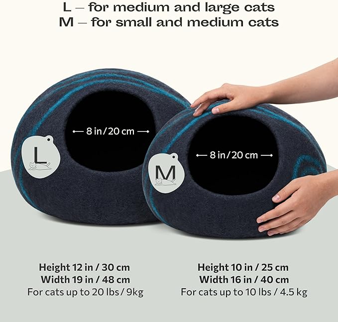 MEOWFIA Cat Cave – Premium Felt Cat Bed for Indoor Cats, Handmade 100% Merino Wool, Cat (Large, Black Aqua) (Pack of 2)