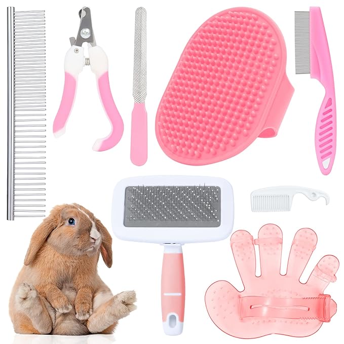Rabbit and Small Pet Grooming Kit - Slicker Brush, Massage Glove, Nail Clipper, Flea Comb, Double-Sided Brush for Rabbits, Guinea Pigs, Hamsters (Pink)