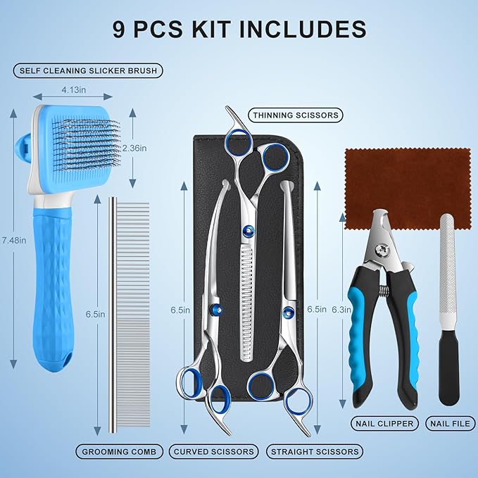 Professional Dog Grooming Scissors Set, 8-in-1 Stainless Steel Pet Grooming Kit with Hair Comb, Nail Clipper & Brush for Dogs, Cats at Home