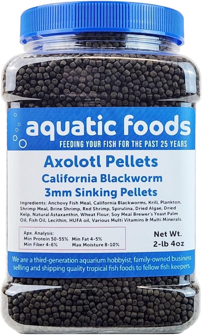 Aquatic Foods Inc. Axolotl Blackworm Pellets. 3mm-1/8 Sinking California Blackworm Medium Pellets for Medium/Large Axolotl, Frogs, Shrimp, Salamanders, Newts, Snails…2-lbs 4oz Jar