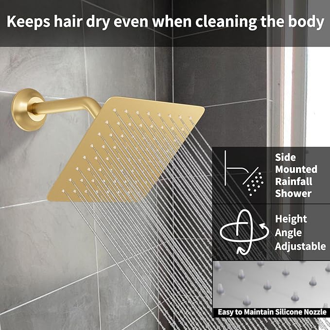 Temperature Display Brushed Gold Shower System Set, Push Button Shower Faucet with 12 inch Ceiling Mount Shower Head and 8 inch Wall Mount Shower Head, with Handheld Shower