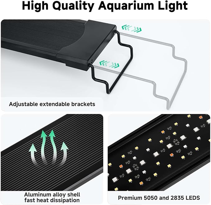 AQQA LED Aquarium Light, 24/7 Mode IP68 Waterproof Extendable Bracket Fish Tank Light, DIY Mode Full Spectrum Aquarium Plant Light, Adjustable Timer/Brightness Memory Function for 18-24 Inch Fish Tank