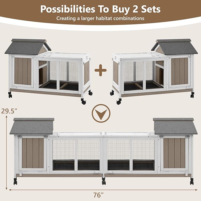 38''L Rabbit Hutch Outdoor with Wheels, Wooden Expandable 2 Story Bunny House Rabbit Cage Indoor with Run, Pull Out Tray, Waterproof Roof, Guinea Pig Cage Chicken Coop for Small to Medium Pets