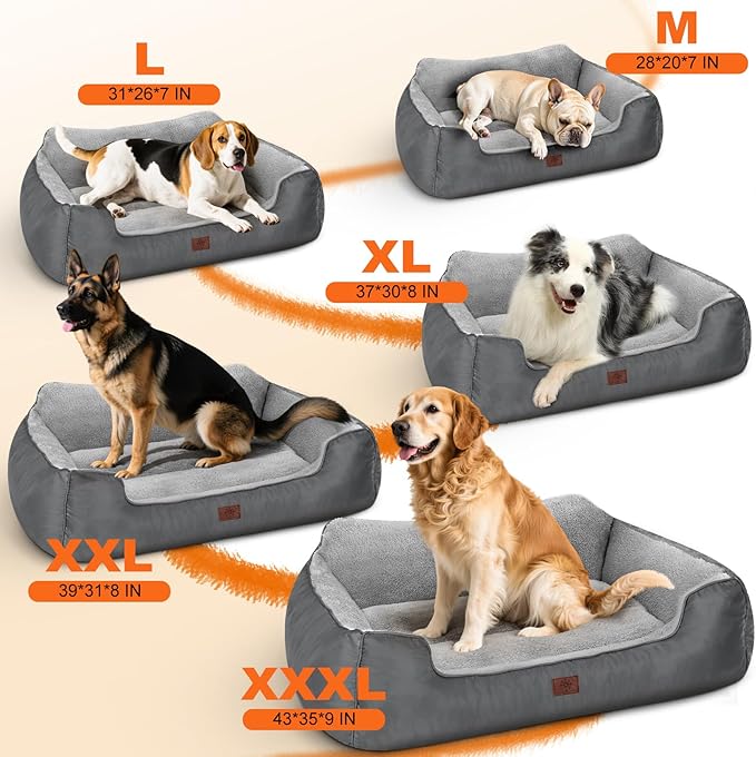 Dog Bed, Rectangle Washable Extra Large Dog Bed for Extra Large Dogs, High Back Dogs Sofa with Non-Slip Bottom, 43”x35”x9”, Grey