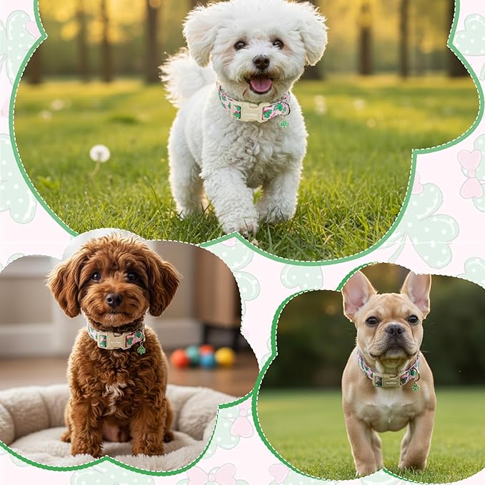 St. Patrick's Day Dog Collar,Pink Bow with Lucky Shamrock Puppy Collar,Adjustable Spring Cotton Collars Gifts for Small Medium Large Dogs,Dog Accessories S