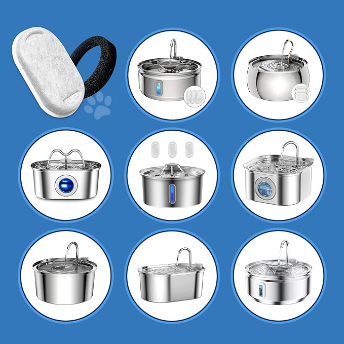 Kactoily 10 Pack Cat Water Fountain Filters for 108oz/3.2L & 67oz/2L Stainless Steel, Cat Fountain Filter Replacement(10 Filters & 10Sponges)