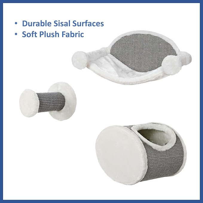 Trixie Liam Wall Mounted Cat Furniture - 3pc Cat Wall Scratcher - Climbing Shelves, Plush & Sisal Covered Condo, Hammock, and Step - Gray