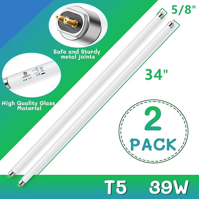T5 UVB Reptile Light 39W 5.0,UVA UVB Light Bulb for Reptiles,2 Pack Reptile UVB Lamp Tube for Bearded Dragon