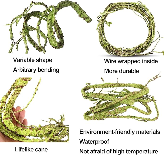kathson 10 PCS Reptile Vines Plants Flexible Bendable Jungle Climbing Vine Terrarium Plastic Plant Leaves Pet Tank Habitat Decor for Bearded Dragons Lizards Geckos Snakes Frogs and More Reptiles