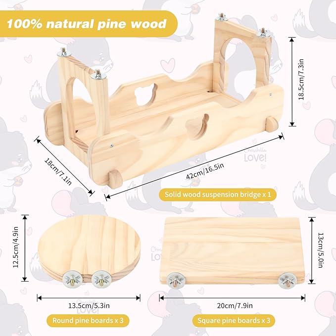 Rypet Wood Chinchilla Suspension Bridge, Pine Wood Chinchillas Ledges Set and Cage Platform, Small Animals Habitat Toy Chinchillas Cage Accessories Chinchilla Hideout for Sugar Gliders Rats Squirrel