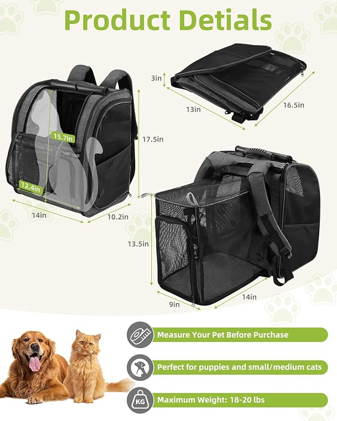 Cat Carrier Backpacks with Expandable Breathable Mesh, Pet Carrier Backpack for Cats Small Dogs Puppies Up to 20 Lbs, Dogs Carrier Backpack Great for Outdoor-Dark Black