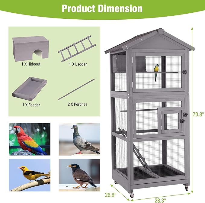 GUTINNEEN Bird Cage Outdoor Wooden Aviary Indoor, 70" H Large Parrot Cage with 4 Casters, Flight Bird Cages for Parrot Lovebirds Finches(Grey)