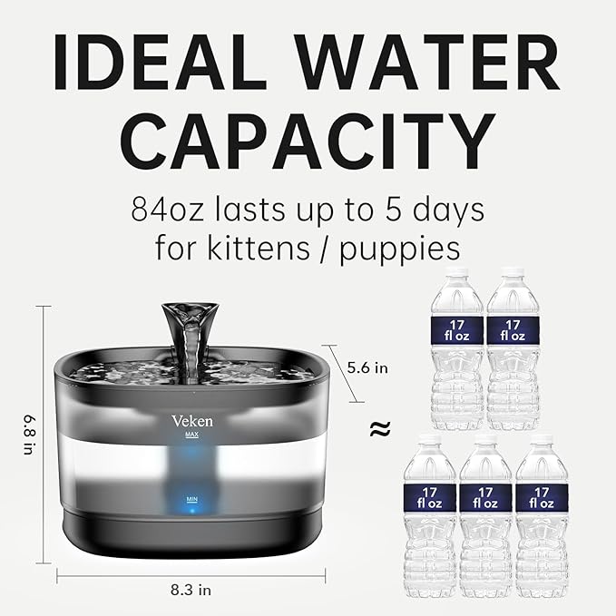 Veken Cat Water Fountain with Detachable Tank, Easy to Clean & Assemble, 84oz/2.5L Pet Drinking Dispenser with Quiet Operation & LED Light, Gifts, Cats, Dogs and Small Pets, Black