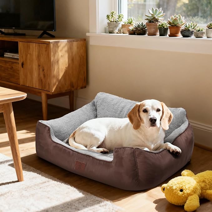 Large Dog Bed, Washable Dogs Beds for Large Dogs, Rectangle Pet Beds Soft Calming Dog Beds with Non-Slip Bottom, 31”x26”x7”, Brown