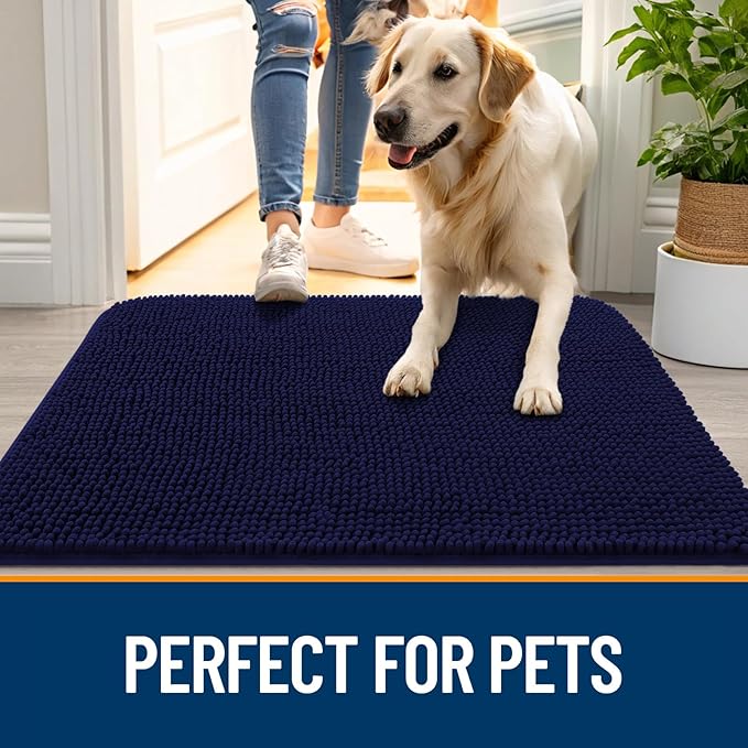 OLANLY Dog Door Mat Set 2-Piece 36x24, Absorbs Moisture and Dirt, Absorbent Non-Slip Washable Doormat, Quick Dry Chenille Mud Mat for Dogs, Entry Indoor Entryway Carpet for Inside Floor, Navy Blue