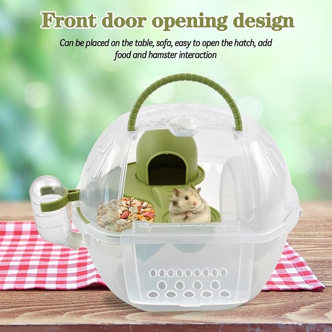 Dwarf Hamster Travel Carrier,Portable Hamsterl Cage Carrier with Silent Exercise Wheels Water Bottle Food Dish 2 Tiers Small Animal Breathable Carry Case for Mice Rat Sugar Glider(Green)