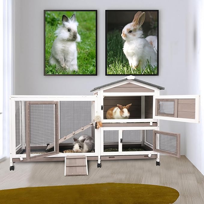 Rabbit Hutch Indoor Outdoor 2 Story Bunny Cage with 3 No Leak Trays,55.31" L Guinea Pig Cages Rabbit Cage with 6 Wheels for Guinea Pig,Rabbit for Rabbit Lover|Pet Lover(White/Grey)