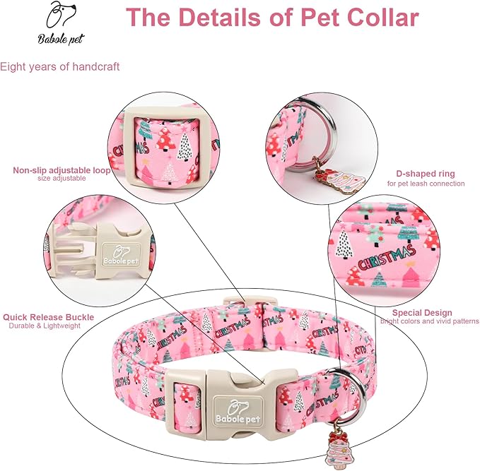 Christmas Dog Collar for Puppy Small Dogs - Cute Xmas Tree Print Pink Christmas Collars for Dogs, Soft Adjustable Winter Holiday Dog Collars with Quick Release Buckle XS