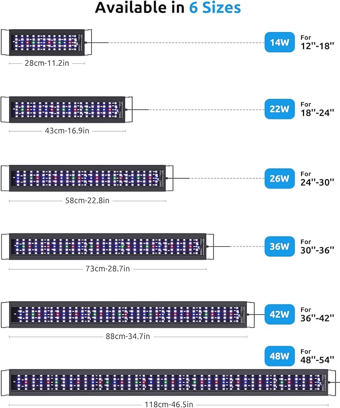 SEAOURA Aquarium Plant Light with Temperature Detector, 18-24in Full Spectrum Fish Tank Lights, 24/7 Programmable with Power Off Memory, WRGB Custom, 20 Level Dimmable for Freshwater Aquariums